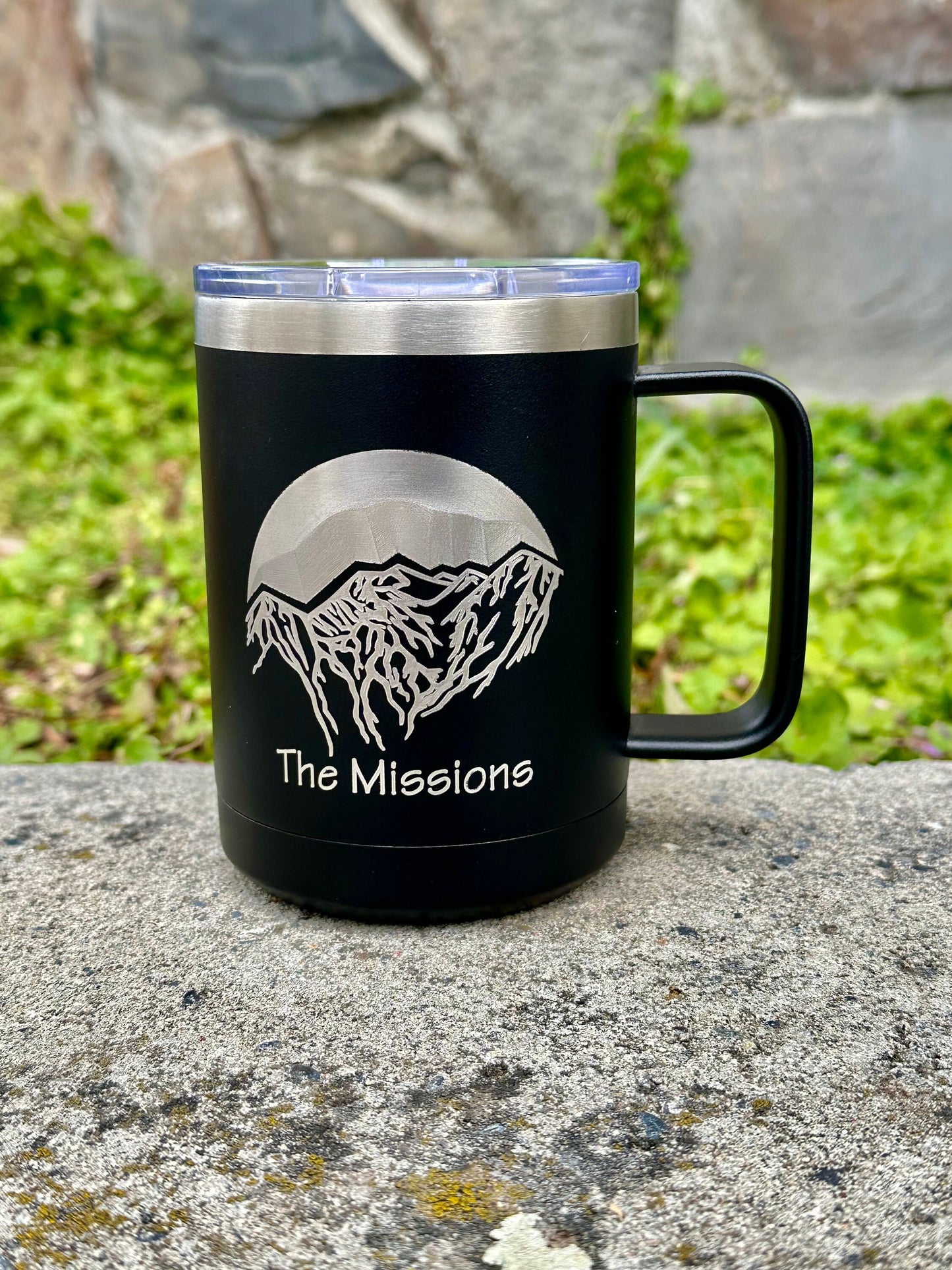 Mission Mountains Montana | Mcdonald Peak | The missions | 12 OZ insulated coffee mug cup with handle and lid - Option to Personalize