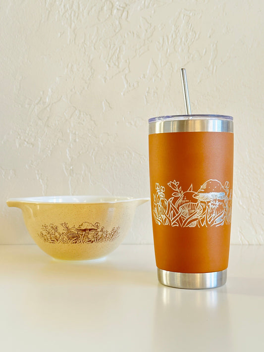 Pyrex Forest Fancies Mushroom Inspired 20 OZ insulated Tumbler with Lid and Option to Personalize