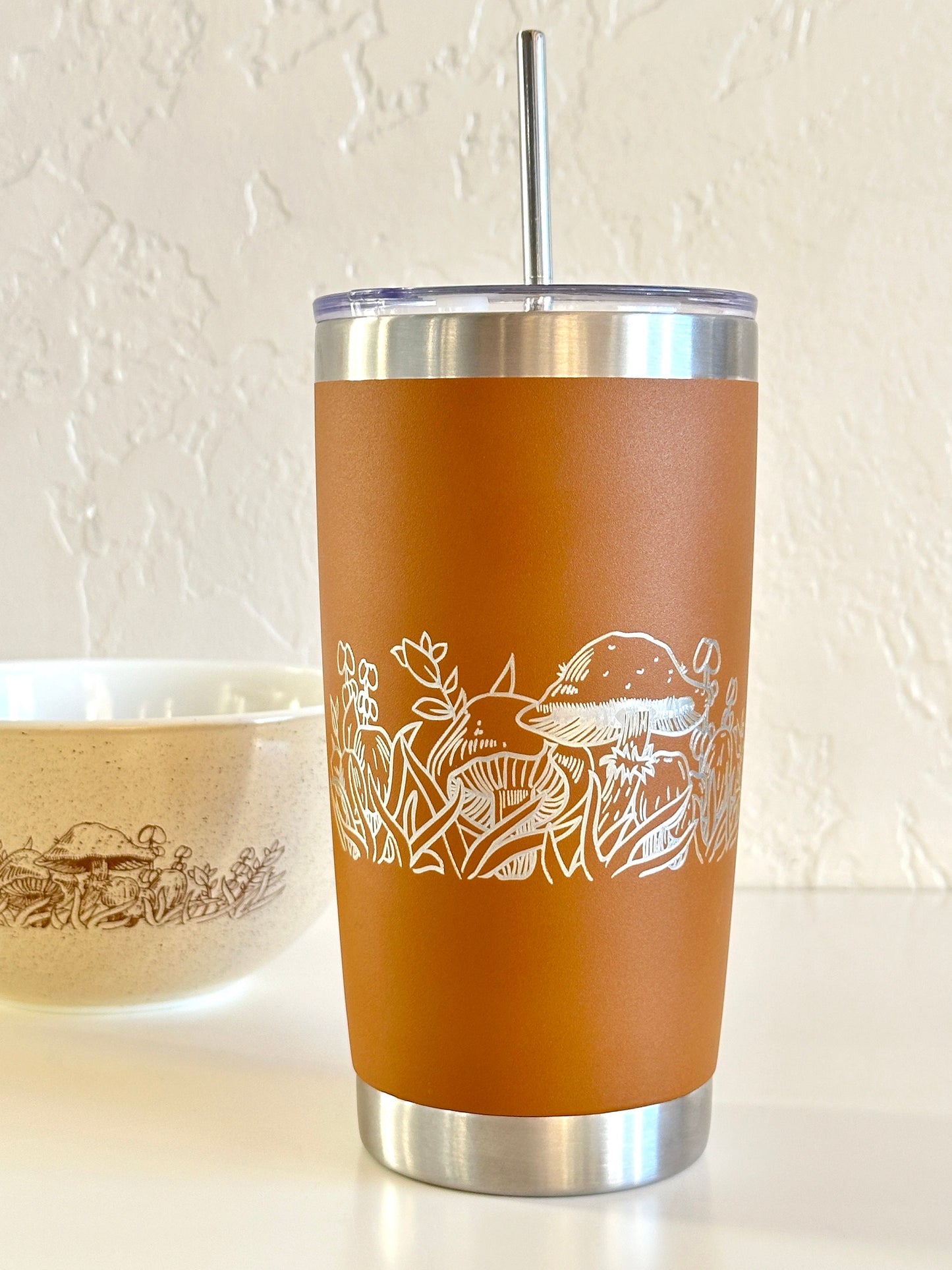 Pyrex Forest Fancies Mushroom Inspired 20 OZ insulated Tumbler with Lid and Option to Personalize