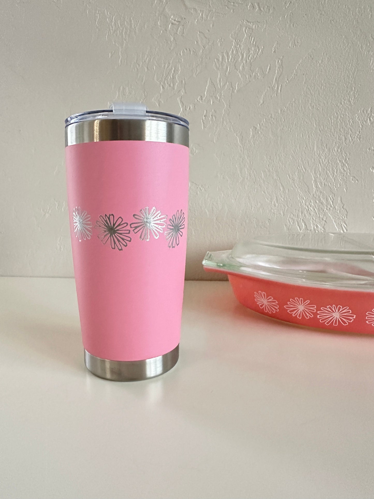 Pyrex Pink Daisy Inspired 20 OZ insulated Tumbler with Lid and Option to Personalize