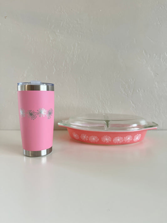 Pyrex Pink Daisy Inspired 20 OZ insulated Tumbler with Lid and Option to Personalize