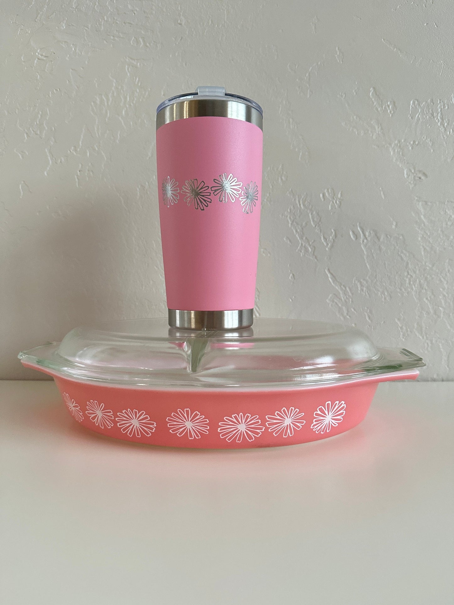 Pyrex Pink Daisy Inspired 20 OZ insulated Tumbler with Lid and Option to Personalize