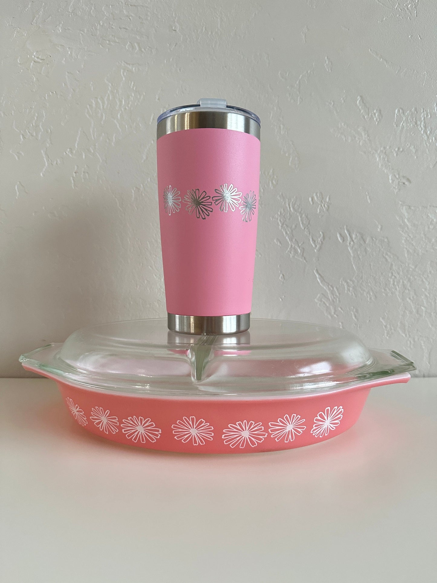 Pyrex Pink Daisy Inspired 20 OZ insulated Tumbler with Lid and Option to Personalize