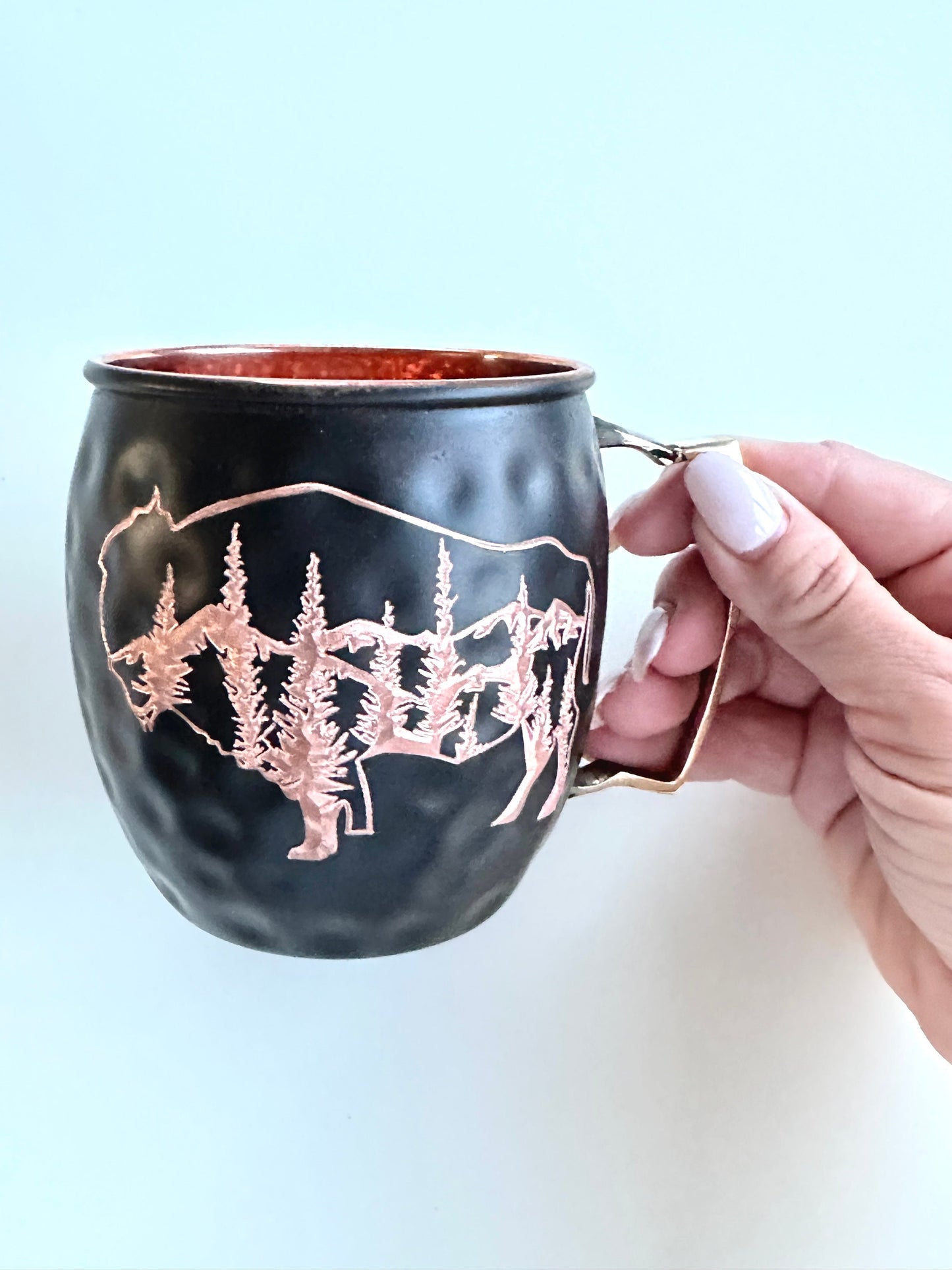 Buffalo with mountains and trees Moscow Mule Mug | Buffalo Gift | Montana Gift | Wedding Gift | Anniversary Gift | Copper Gift | Bride