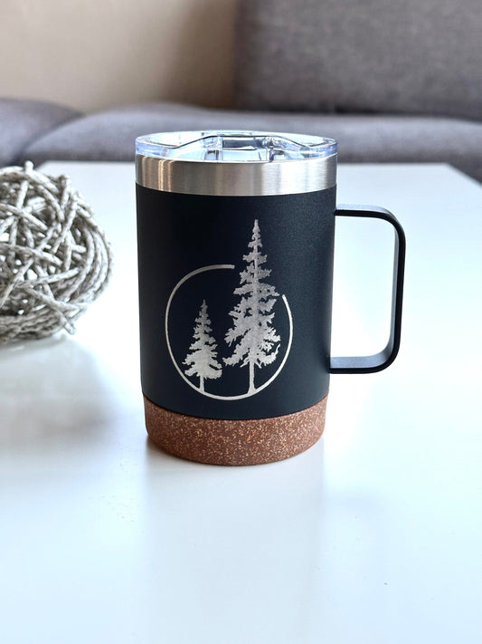 Insulated Cork Bottom Coffee Mug - Duo of Evergreen trees etched 16 OZ - Option to Personalize - BLACK