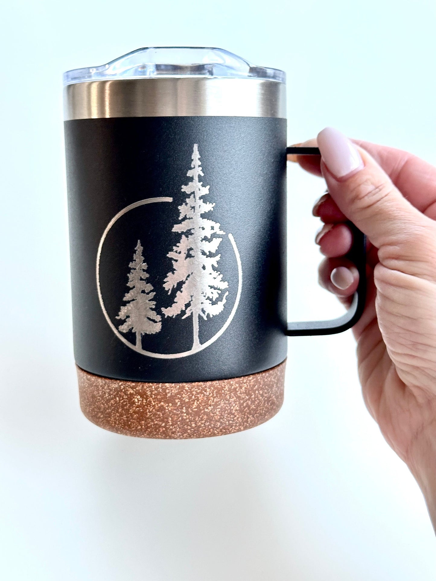 Insulated Cork Bottom Coffee Mug - Duo of Evergreen trees etched 16 OZ - Option to Personalize - BLACK