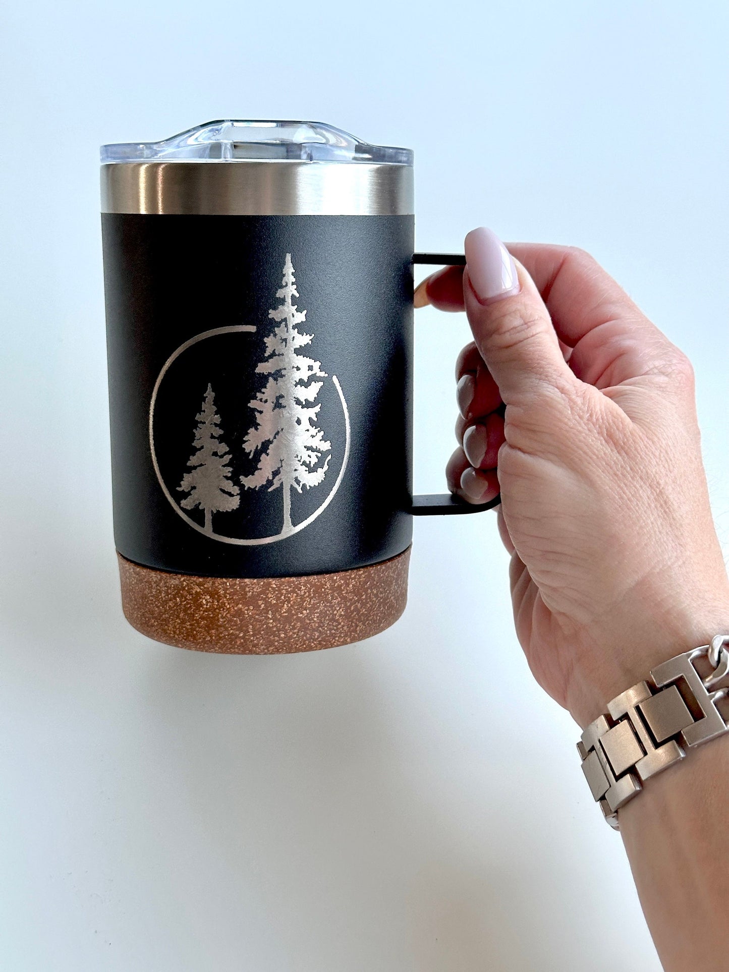 Insulated Cork Bottom Coffee Mug - Duo of Evergreen trees etched 16 OZ - Option to Personalize - BLACK