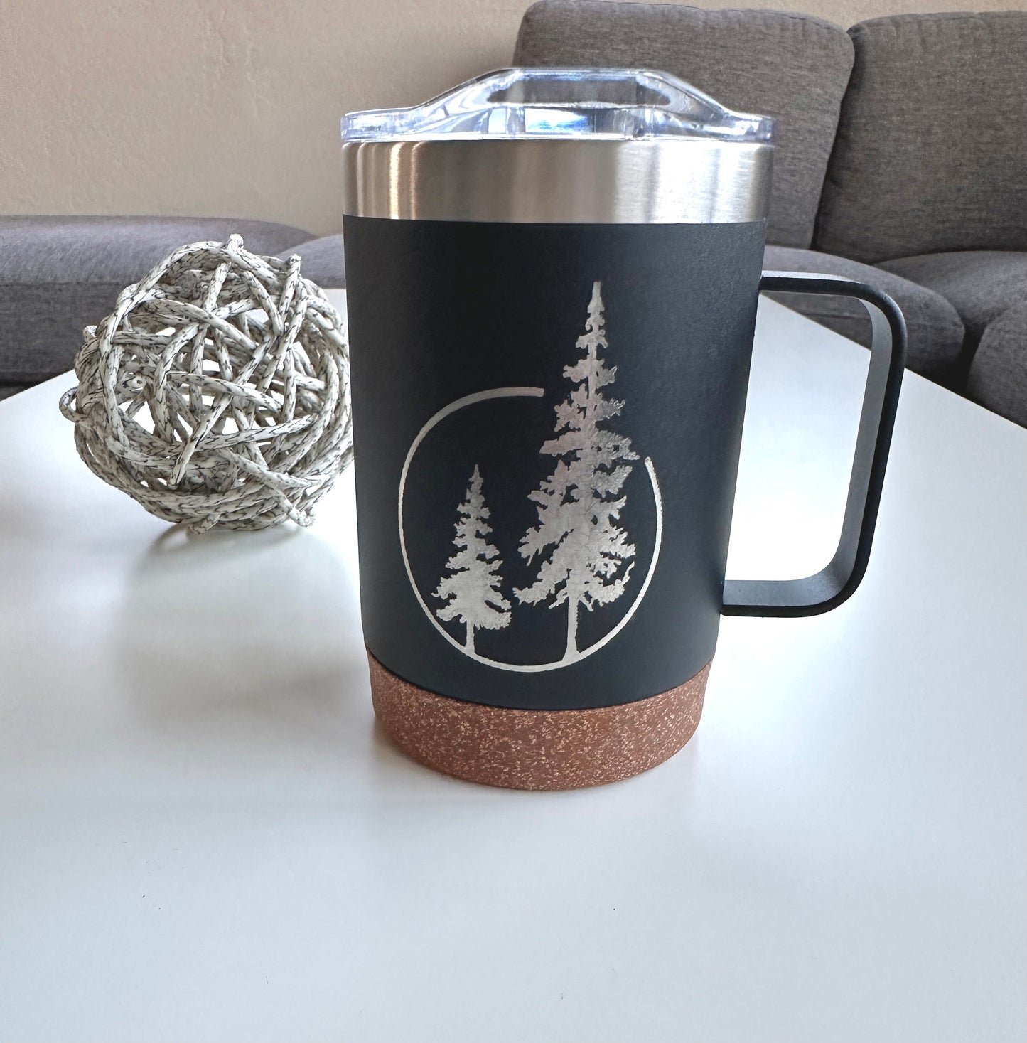 Insulated Cork Bottom Coffee Mug - Duo of Evergreen trees etched 16 OZ - Option to Personalize - BLACK