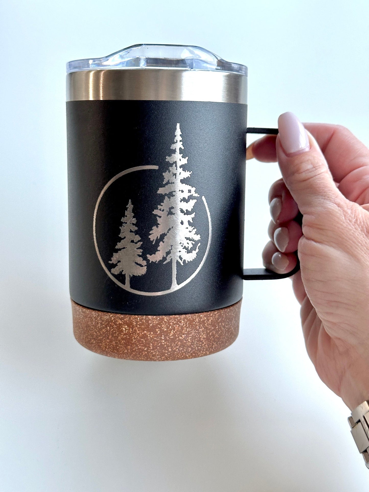 Insulated Cork Bottom Coffee Mug - Duo of Evergreen trees etched 16 OZ - Option to Personalize - BLACK