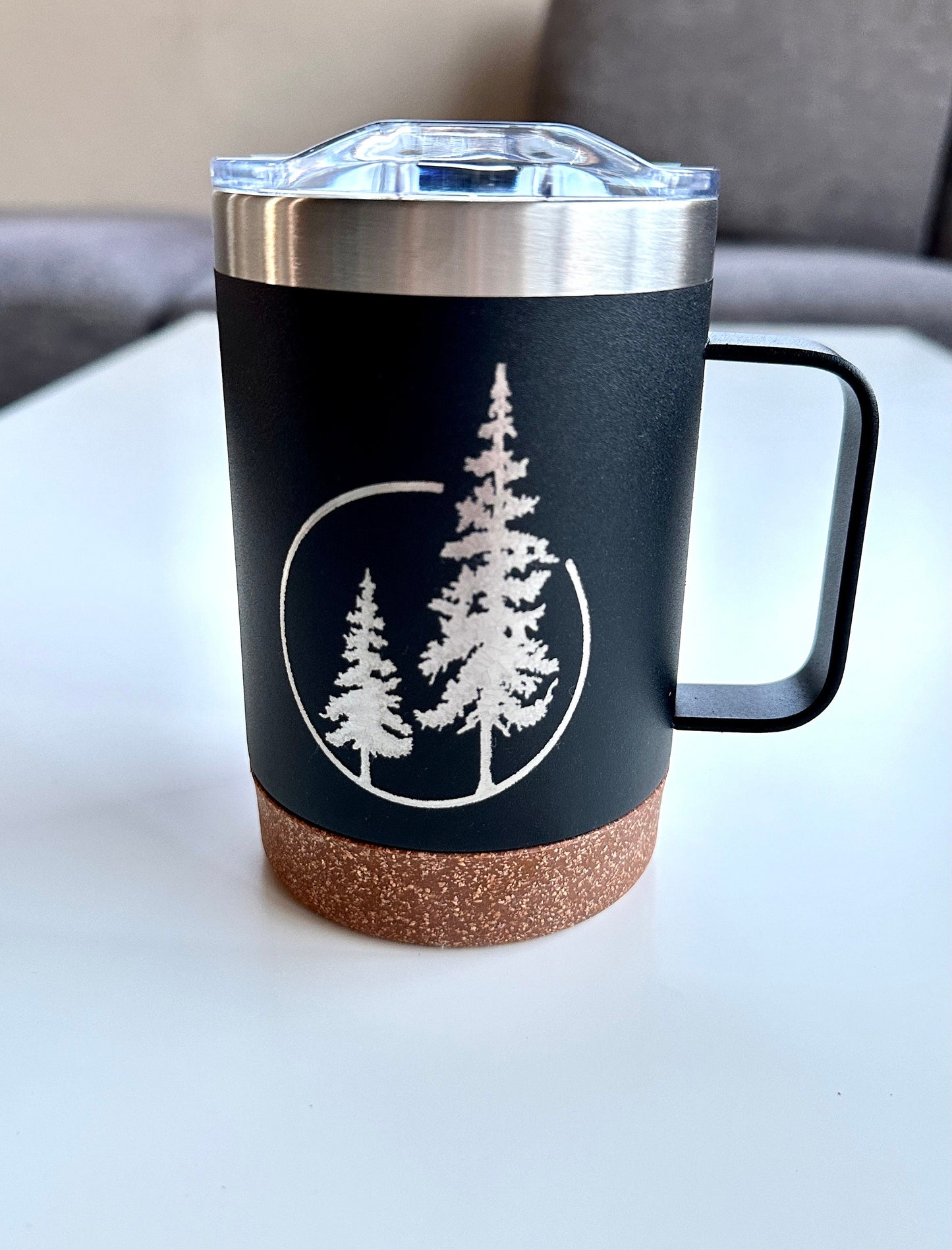 Insulated Cork Bottom Coffee Mug - Duo of Evergreen trees etched 16 OZ - Option to Personalize - BLACK