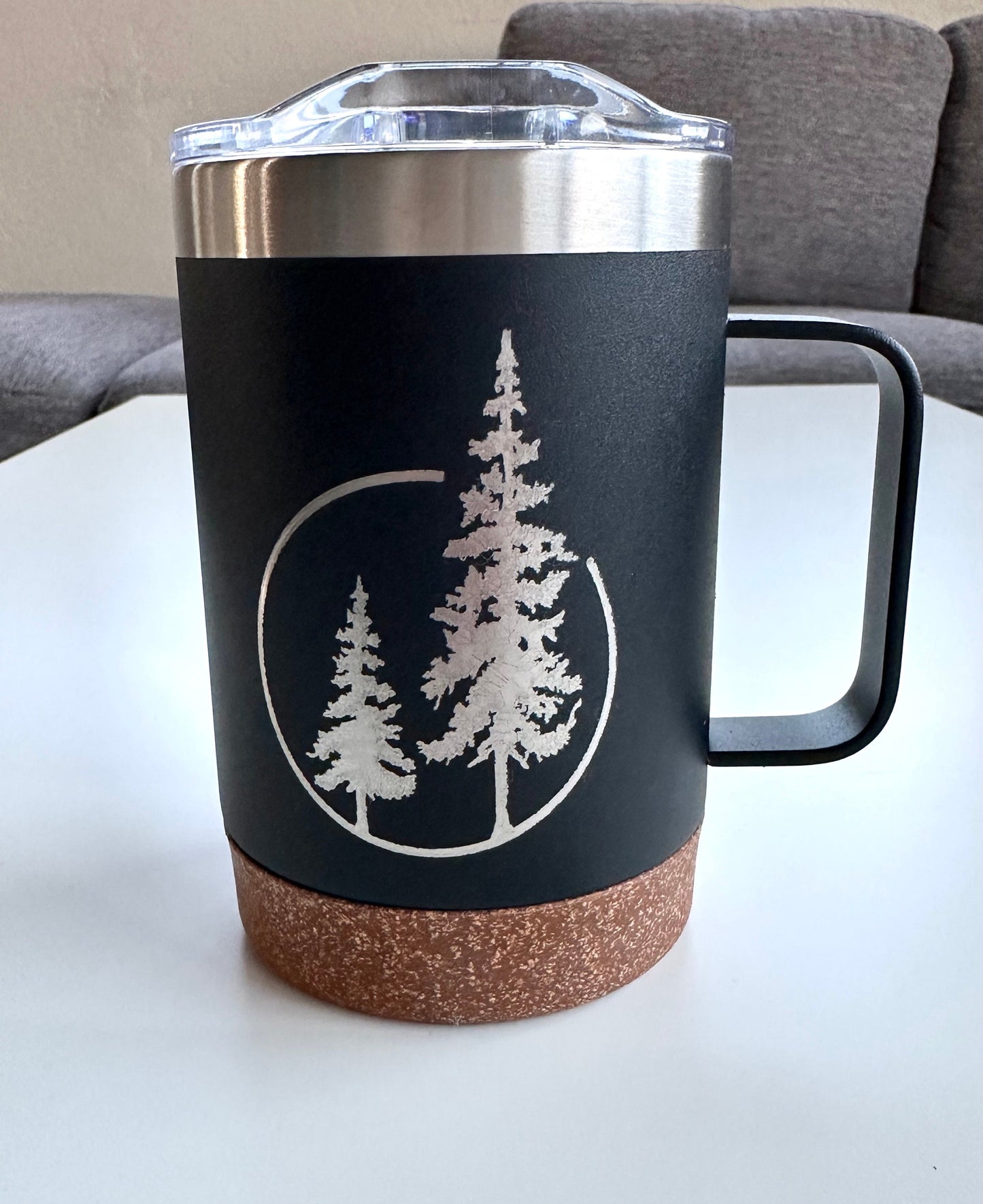 Insulated Cork Bottom Coffee Mug - Duo of Evergreen trees etched 16 OZ - Option to Personalize - BLACK