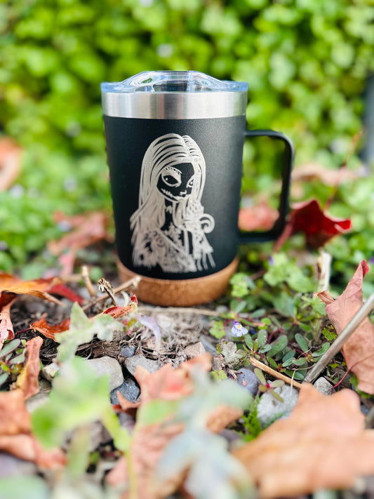 Nightmare before Christmas | Sally etched 16 OZ - cork bottom - insulated coffee mug cup w|handle and lid - Option to Personalize