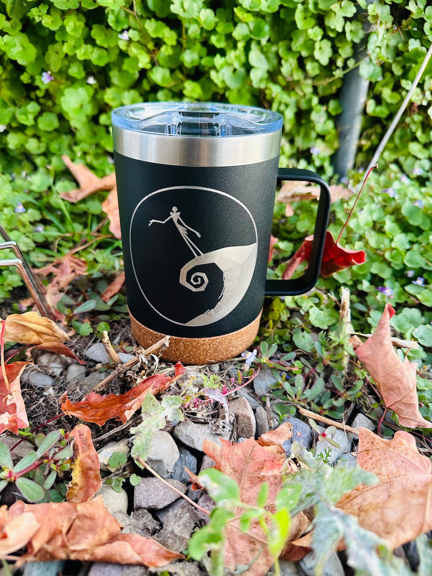 Nightmare before Christmas | Jack Skellington etched 16 OZ - cork bottom - insulated coffee mug cup w|handle and lid - Option to Personalize