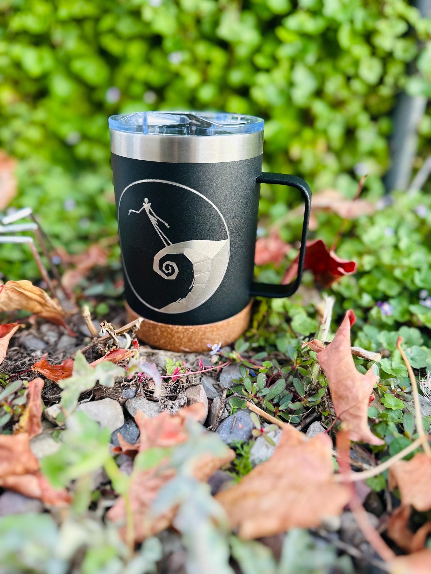 Nightmare before Christmas | Jack Skellington etched 16 OZ - cork bottom - insulated coffee mug cup w|handle and lid - Option to Personalize