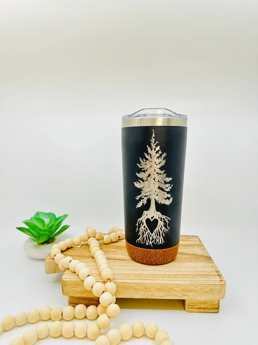 Engraved Insulated Cork Bottom 20 OZ Tumbler - Evergreen Tree with Heart in Roots - etched 20 OZ - Option to Personalize - BLACK