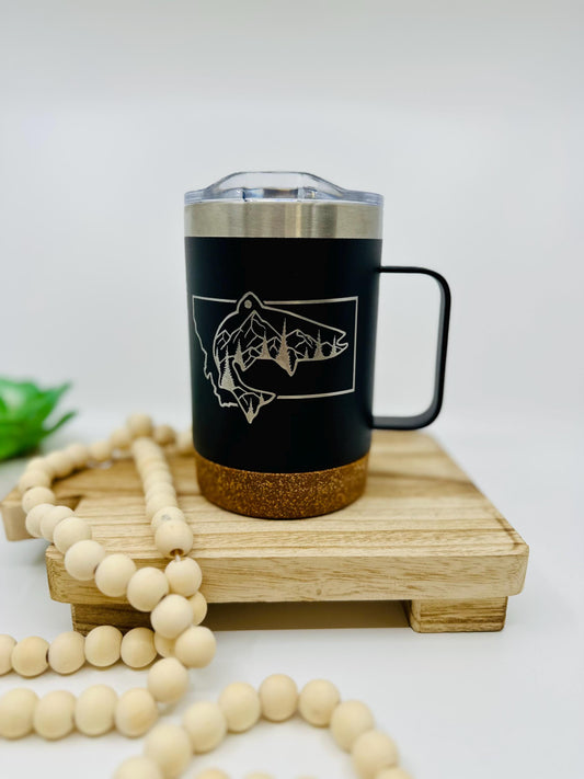 Insulated Cork Bottom Coffee Mug - Montana Fish Design Engraved 16 OZ - Option to Personalize - BLACK